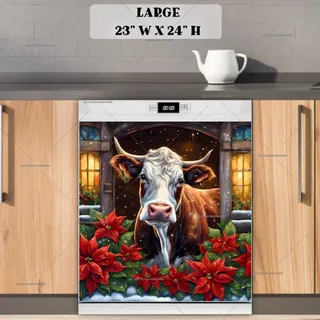 Preview of Christmas Cow and Poinsettias magnet in Large size.