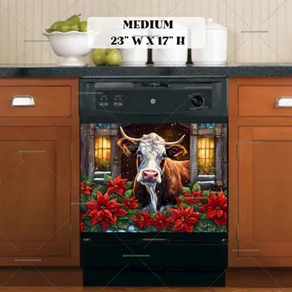 Preview of Christmas Cow and Poinsettias magnet in Medium size.