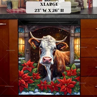 Preview of Christmas Cow and Poinsettias magnet in Extra Large size.