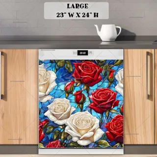 Preview of Stained Glass White and Red Roses magnet in Large size.