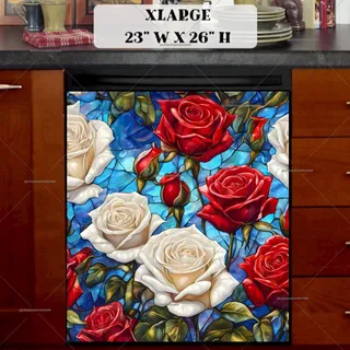 Preview of Stained Glass White and Red Roses magnet in Extra Large size.