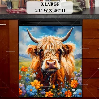 Preview of Fergus the Highland Cow in the Meadow magnet in Extra Large size.