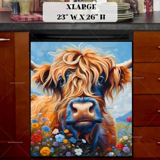 Preview of Fluffy Highland Cow in the Meadow magnet in Extra Large size.