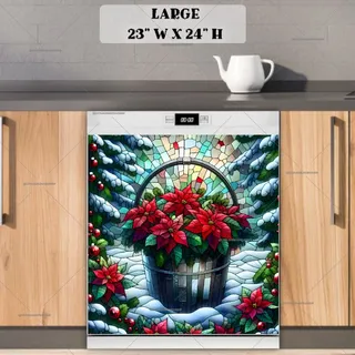 Preview of Stained Glass Christmas Poinsettias in a Bucket magnet in Large size.