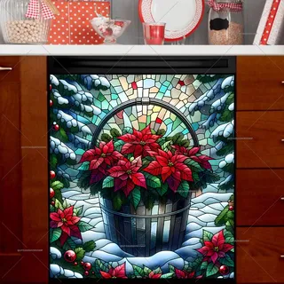 Preview of Stained Glass Christmas Poinsettias in a Bucket magnet.