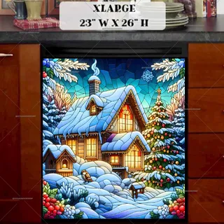 Preview of Stained Glass Snowy Cottage magnet in Extra Large size.