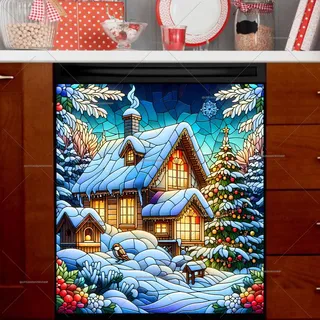 Preview of Stained Glass Snowy Cottage magnet.