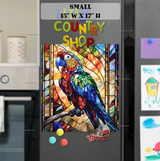 Preview of Colorful Stained Glass Parrot magnet in Small size.