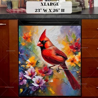 Preview of Cardinal on Colorful Flowers magnet in Extra Large size.