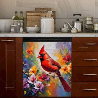 Preview of Cardinal on Colorful Flowers magnet.