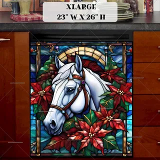 Preview of Stained Glass White Christmas Horse magnet in Extra Large size.