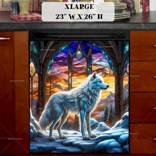 Preview of Beautiful Stained Glass White Wolf magnet in Extra Large size.