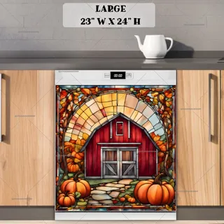 Preview of Stained Glass Barn and Pumpkins magnet in Large size.