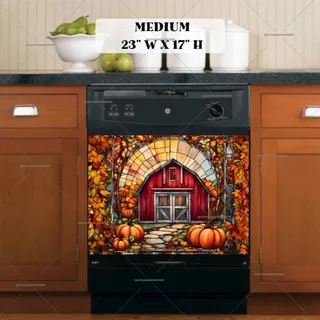 Preview of Stained Glass Barn and Pumpkins magnet in Medium size.