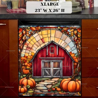 Preview of Stained Glass Barn and Pumpkins magnet in Extra Large size.