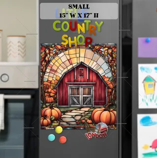 Preview of Stained Glass Barn and Pumpkins magnet in Small size.