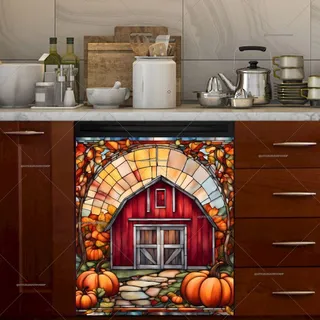 Preview of Stained Glass Barn and Pumpkins magnet.