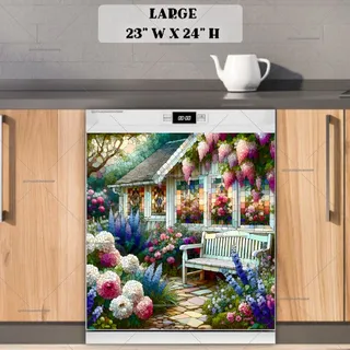 Preview of Stained Glass House with Flowers magnet in Large size.