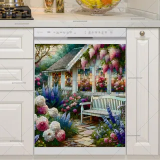 Preview of Stained Glass House with Flowers magnet.