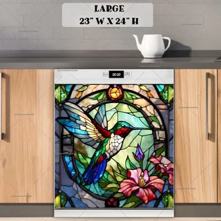 Preview of Stained Glass Hummingbird and Flowers magnet in Large size.