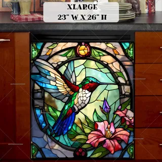 Preview of Stained Glass Hummingbird and Flowers magnet in Extra Large size.