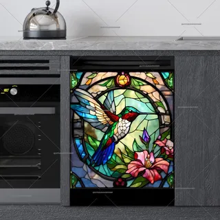 Preview of Stained Glass Hummingbird and Flowers magnet.