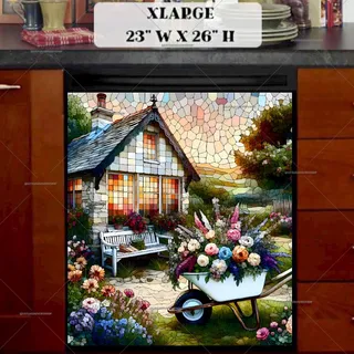 Preview of Stained Glass Cottage and Wheel Barrel magnet in Extra Large size.