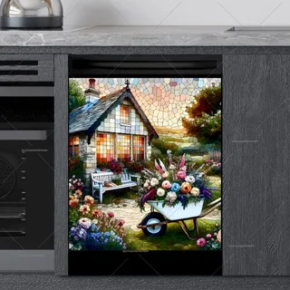 Preview of Stained Glass Cottage and Wheel Barrel magnet.