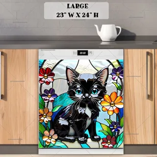 Preview of Stained Glass Black Kitten magnet in Large size.