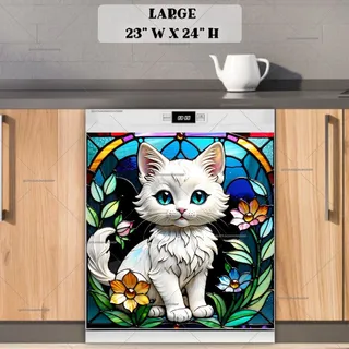 Preview of Stained Glass White Kitten magnet in Large size.