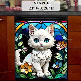 Preview of Stained Glass White Kitten magnet in Extra Large size.