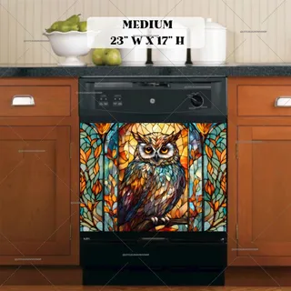 Preview of Stained Glass Owl and Leaves magnet in Medium size.