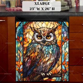 Preview of Stained Glass Owl and Leaves magnet in Extra Large size.