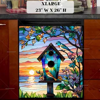 Preview of Stained Glass Birds and Birdhouse magnet in Extra Large size.