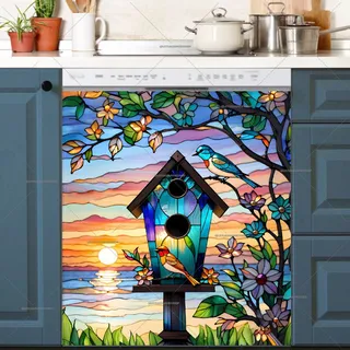 Preview of Stained Glass Birds and Birdhouse magnet.