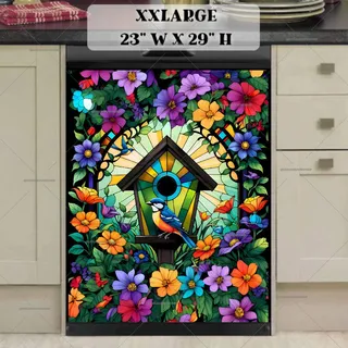 Preview of Stained Glass Birds, Flowers and Birdhouse magnet in XX Large size.