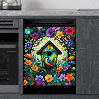 Preview of Stained Glass Birds, Flowers and Birdhouse magnet.