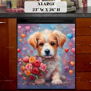 Preview of Valentine’s Puppy with Roses magnet in Extra Large size.