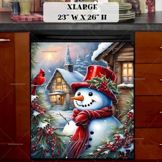 Preview of Smiling Cottage Snowman and Cardinal magnet in Extra Large size.