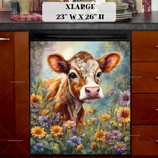 Preview of Fluffy Baby Cow in the Garden magnet in Extra Large size.