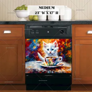 Preview of Little White Kitten Drinks Coffee magnet in Medium size.