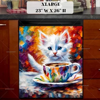 Preview of Little White Kitten Drinks Coffee magnet in Extra Large size.