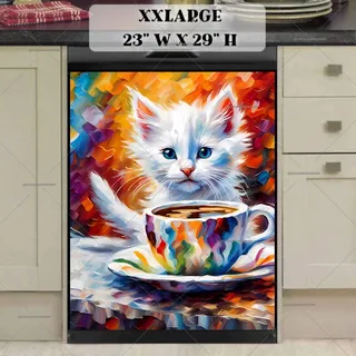 Preview of Little White Kitten Drinks Coffee magnet in XX Large size.