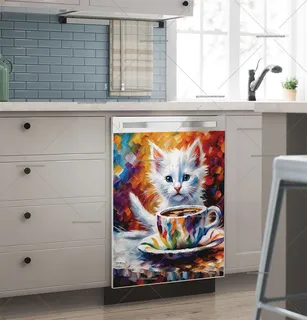 Preview of Little White Kitten Drinks Coffee magnet.