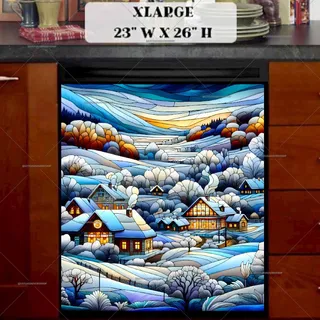 Preview of Stained Glass Winter Farmhouses magnet in Extra Large size.