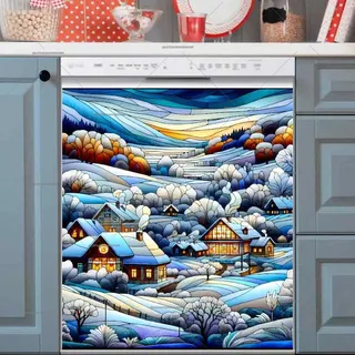 Preview of Stained Glass Winter Farmhouses magnet.