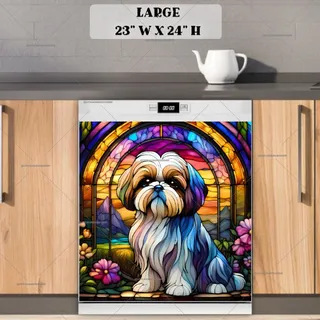 Preview of Stained Glass Shih Tzu and Flowers magnet in Large size.