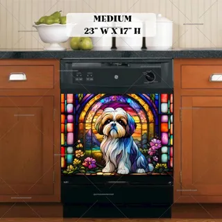 Preview of Stained Glass Shih Tzu and Flowers magnet in Medium size.
