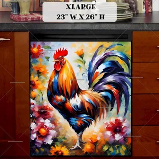 Preview of Colorful Pretty Rooster and Flowers magnet in Extra Large size.