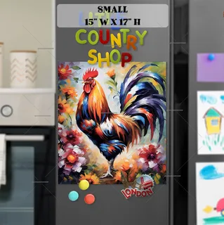 Preview of Colorful Pretty Rooster and Flowers magnet in Small size.